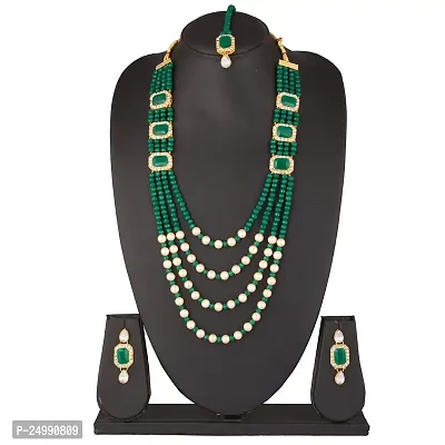 Shop4Dreams Gold Plated Traditional Four Line Mala Necklace Earring Jewellery Set for Women (DarkGreen)-thumb2