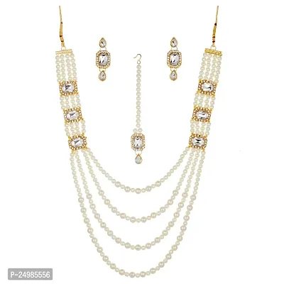 Shop4Dreams Gold Plated Traditional Four Line Mala Necklace Earring Jewellery Set with Maang Tikka for Women (White)-thumb0