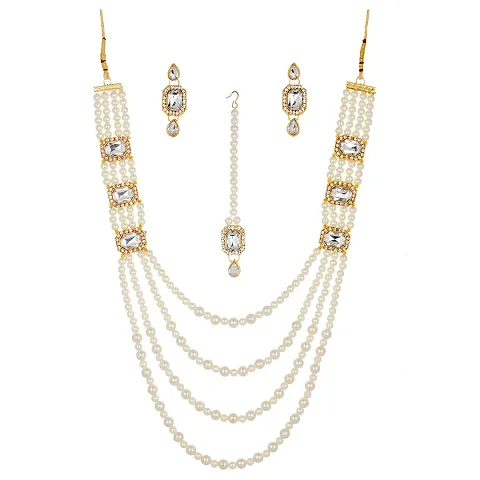 Shop4Dreams Gold Plated Traditional Four Line Mala Necklace Earring Jewellery Set for Women