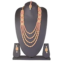 Shop4Dreams Gold Plated Traditional Four Line Mala Necklace Earring Jewellery Set with Maang Tikka for Women (Peach)-thumb1