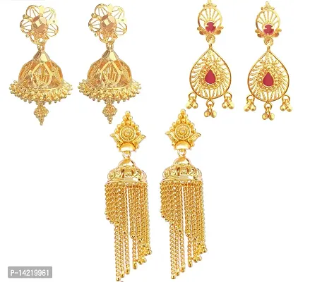oh wow Red gold-plated 1 gram jhumki for Women's pack of 3