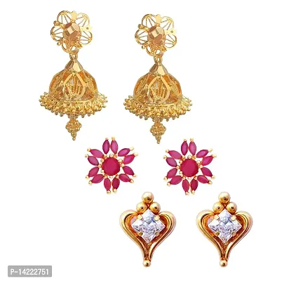 oh wow Red 1 Gram Gold Plated American Diamond Studs Earring Jhumki for Women's - pack of 3
