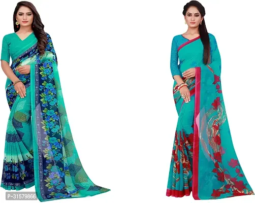 Stylish Blue Georgette Saree With Blouse Piece For Women Pack Of 2