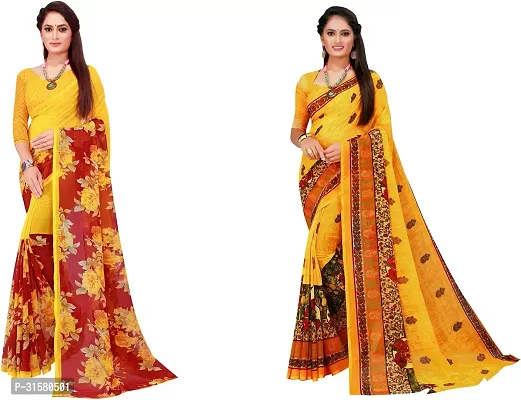 Stylish Yellow Georgette Saree With Blouse Piece For Women Pack Of 2-thumb0