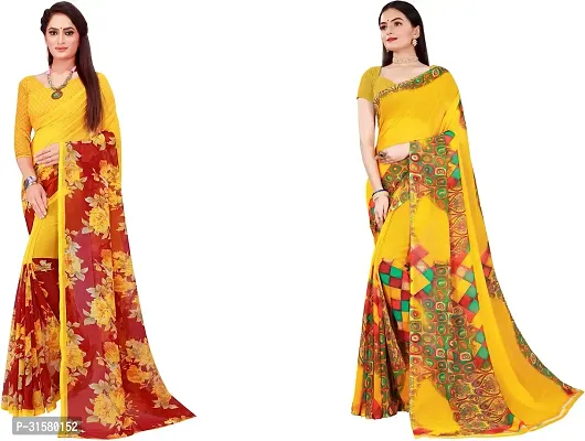 Stylish Yellow Georgette Saree With Blouse Piece For Women Pack Of 2