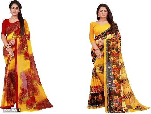 Stylish Yellow Georgette Saree With Blouse Piece For Women Pack Of 2-thumb0