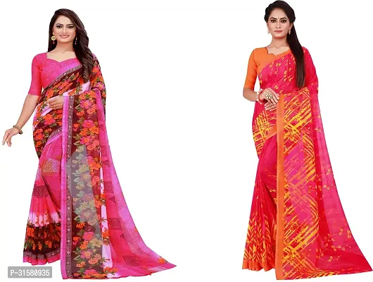 Stylish Pink Georgette Saree With Blouse Piece For Women Pack Of 2-thumb0