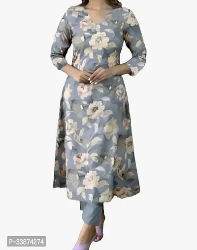 Beautiful Cotton Blend Grey Printed Kurta For Women-thumb0