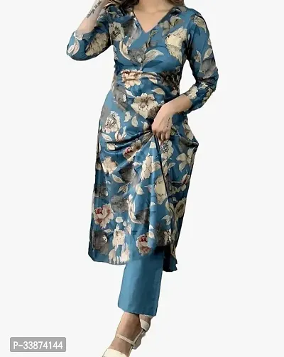 Beautiful Cotton Blend Blue Printed Kurta For Women-thumb0