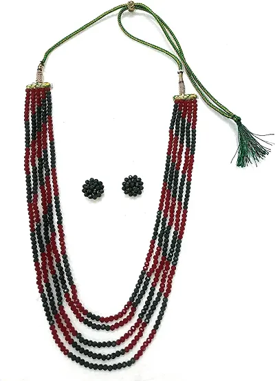 Ratanshala - Semi Precious Gemstone Green/Red Crystal Beads 5 Layer Necklace with Stud Earring Strand Colour 16 Mala for Girl and Women Fashion Jewellery