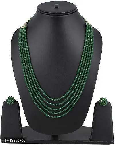 Ratanshala - Dark Green Gemstone Crystal Beads 5 Layer Necklace with Stud Earring for girl and women Multi Layer Green Mala Fashion jewellery-thumb3