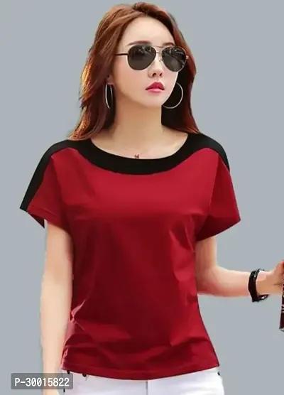 Elegant Red Cotton Blend Solid T-Shirt For Women-thumb0