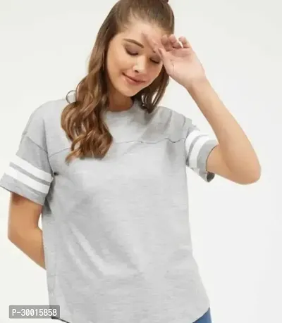 Elegant Grey Cotton Blend Solid T-Shirt For Women-thumb0