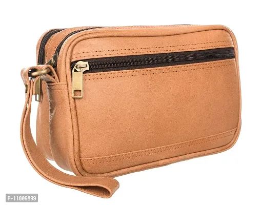 DADDY G Tan Leather Multipurpose Travel Pouch/Hand Bag