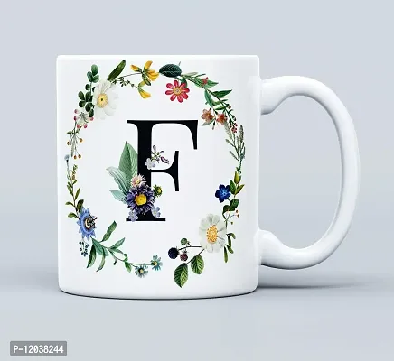 THE KAMY Initial Alphabet Letter with Floral Design Ceramic Coffee Mug, Printed on Both Sides. (350 ML) (F)