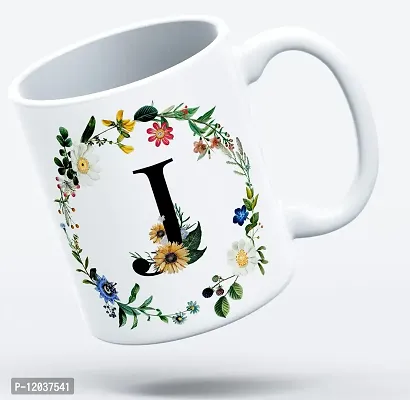 THE KAMY Initial Alphabet Letter with Floral Design Ceramic Coffee Mug, Printed on Both Sides. (350 ML) (J)