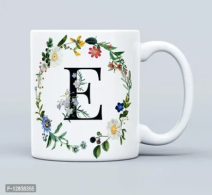 THE KAMY Initial Alphabet Letter with Floral Design Ceramic Coffee Mug, Printed on Both Sides. (350 ML) (E)-thumb2