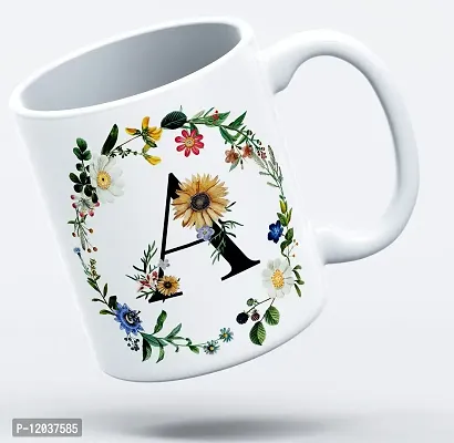 THE KAMY Initial Alphabet Letter with Floral Design Ceramic Coffee Mug, Printed on Both Sides. (350 ML) (A)