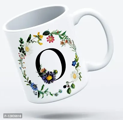 THE KAMY Initial Alphabet Letter with Floral Design Ceramic Coffee Mug, Printed on Both Sides. (350 ML) (O)