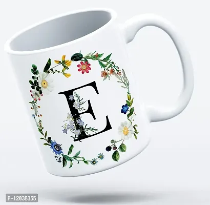 THE KAMY Initial Alphabet Letter with Floral Design Ceramic Coffee Mug, Printed on Both Sides. (350 ML) (E)