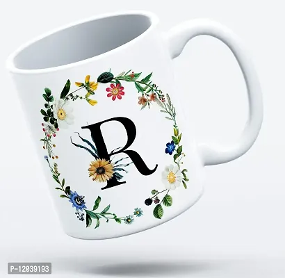 THE KAMY Initial Alphabet Letter with Floral Design Ceramic Coffee Mug, Printed on Both Sides. (350 ML) (R)