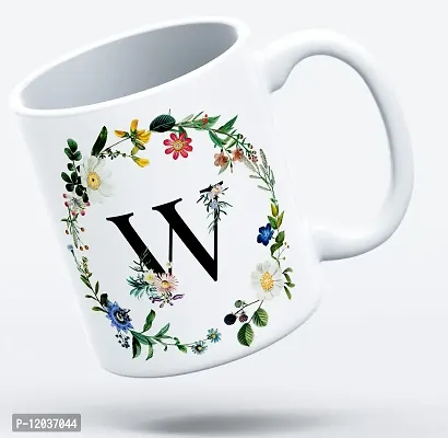 THE KAMY Initial Alphabet Letter with Floral Design Ceramic Coffee Mug, Printed on Both Sides. (350 ML) (W)-thumb0