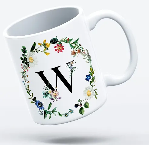 THE KAMY Initial Alphabet Letter with Floral Design Ceramic Coffee Mug, Printed on Both Sides. (350 ML)