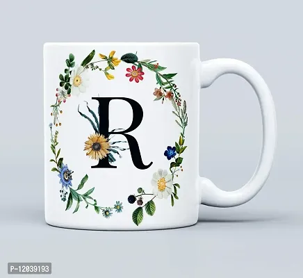 THE KAMY Initial Alphabet Letter with Floral Design Ceramic Coffee Mug, Printed on Both Sides. (350 ML) (R)-thumb2