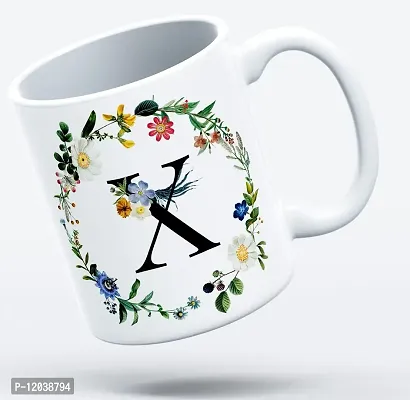 THE KAMY Initial Alphabet Letter with Floral Design Ceramic Coffee Mug, Printed on Both Sides. (350 ML) (X)