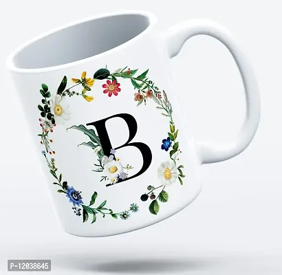 THE KAMY Initial Alphabet Letter with Floral Design Ceramic Coffee Mug, Printed on Both Sides. (350 ML) (B)