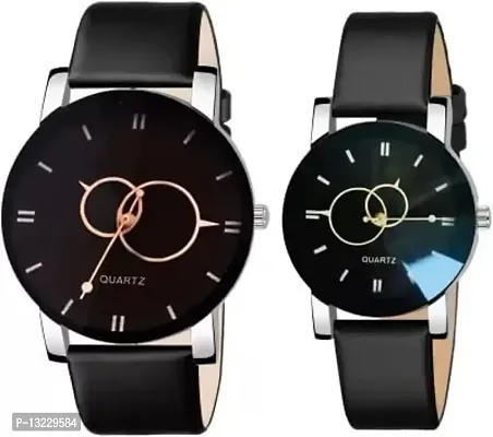 J JAMVAI New Stylish Leather Couple Analog Watch for Men and Woman_Black