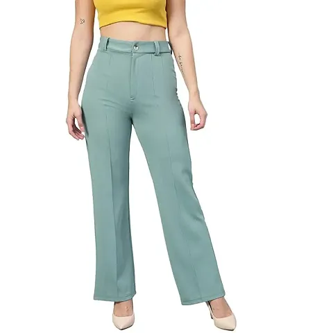 Devi Creation Women Solid Regular Fit Viscose Rayon Trousers | High-Waisted Pant | Casual Office Straight Leg Trouser | Daily Wear Pants | Bell Bottom Trendy Retro-Chic Trousers | Women's Slim Pant | Perfect for Every Occasion (Pista)