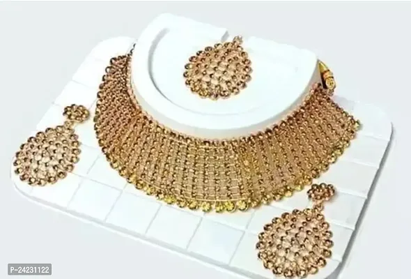 Classy Choker Necklace Earring Jewellery Set with Maangtikka Jewellery Set for Women-thumb0