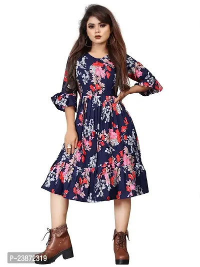 Uptravi Women's Printed Crepe Midi Ethinic Wear Fit  Flare Western Dress (B_C_257008)