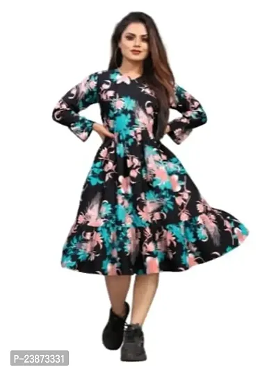 Uptravi Women's Printed Crepe Midi Ethinic Wear Fit  Flare Western Dress (B_C_257008)