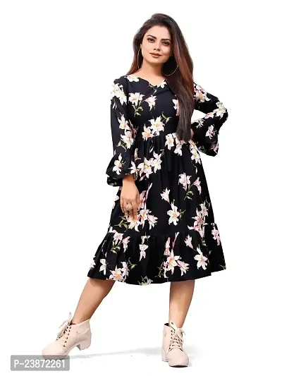 Uptravi Women's Printed Crepe Midi Ethinic Wear Fit  Flare Western Dress (B_C_257008)