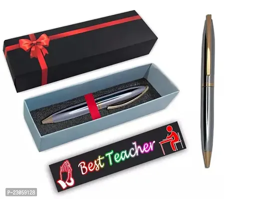 Saint Stainless Steel Gold Trim Ball Pen with Stylist World Best Teacher Gift Card and Gift Box