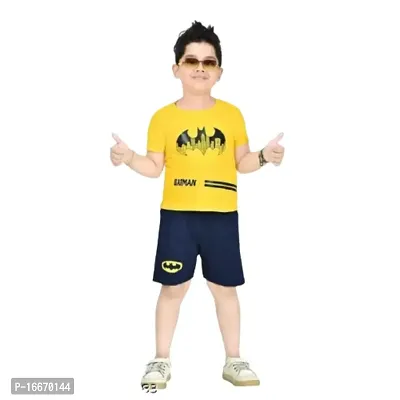 Shan Beauty Boy's Cotton Short Sleeve Batman Logo T-Shirt and Mesh Short Set (Yellow and Black)-thumb0