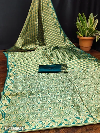 Beautiful Teal Jaqcard  Woven Design Saree With Blouse Piece For Women-thumb0