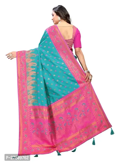 Beautiful Teal Jaqcard  Woven Design Saree With Blouse Piece For Women-thumb2