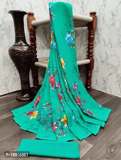 Stylish Georgette Green Printed Saree with Blouse piece For Women-thumb0