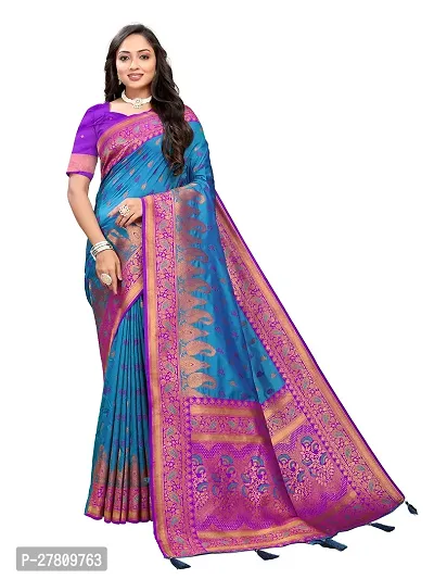 Beautiful Blue Jaqcard  Woven Design Saree With Blouse Piece For Women