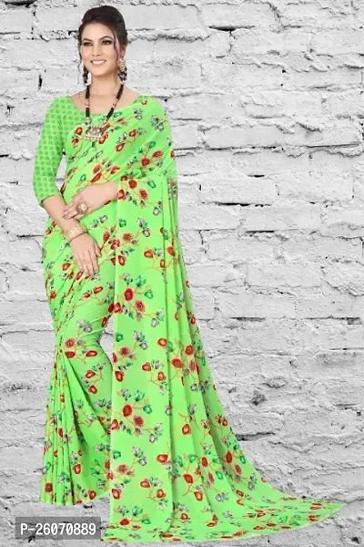 Elegant Green Georgette Printed Saree with Blouse piece-thumb0