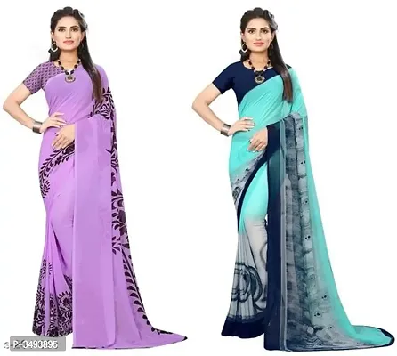 Multicoloured Printed Georgette Saree with Blouse piece - Pack Of 2