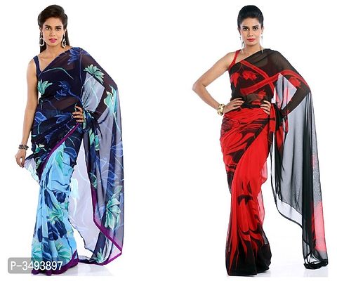 Stylish Multicolored Printed Georgette Saree with Blouse piece - Pack Of 2