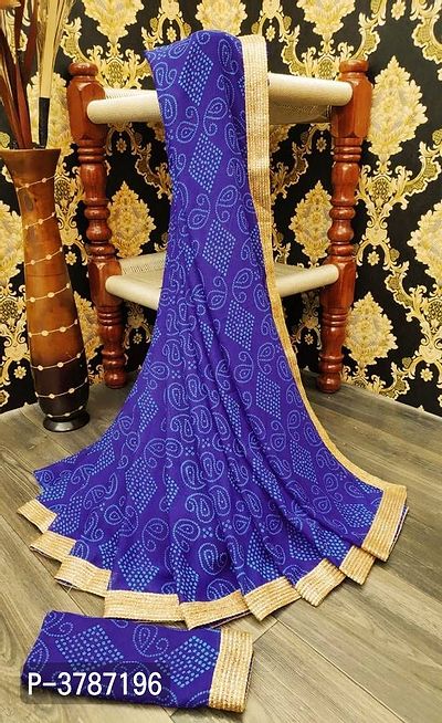 Blue Georgette Printed Saree with Blouse piece