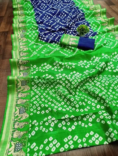 Beautiful Green Printed Linen Saree with Blouse piece