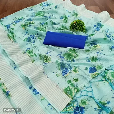 Women's Beautiful Blue Printed Linen Saree with Blouse piece