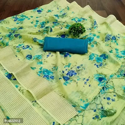 Women's Beautiful Green Printed Linen Saree with Blouse piece-thumb0