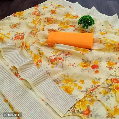 Women's Beautiful Yellow Printed Linen Saree with Blouse piece